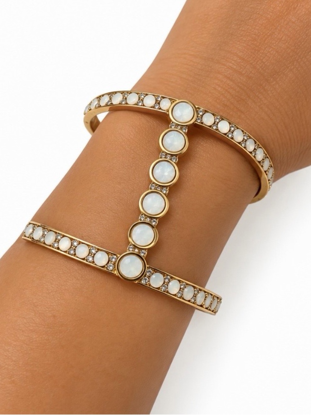 2 Gold Cuff Bracelets  with White Stone Accents - Women Jewelry